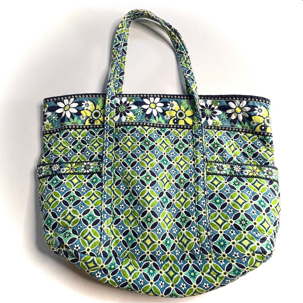 Vera Bradley navy blue green large quilted tote bag - Picture 5 of 8